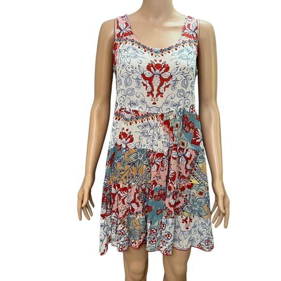 Love Kyla Boho Dress M/L Floral Patchwork Mini Tiered Flowy Colorful Vacation - Picture 1 of 11